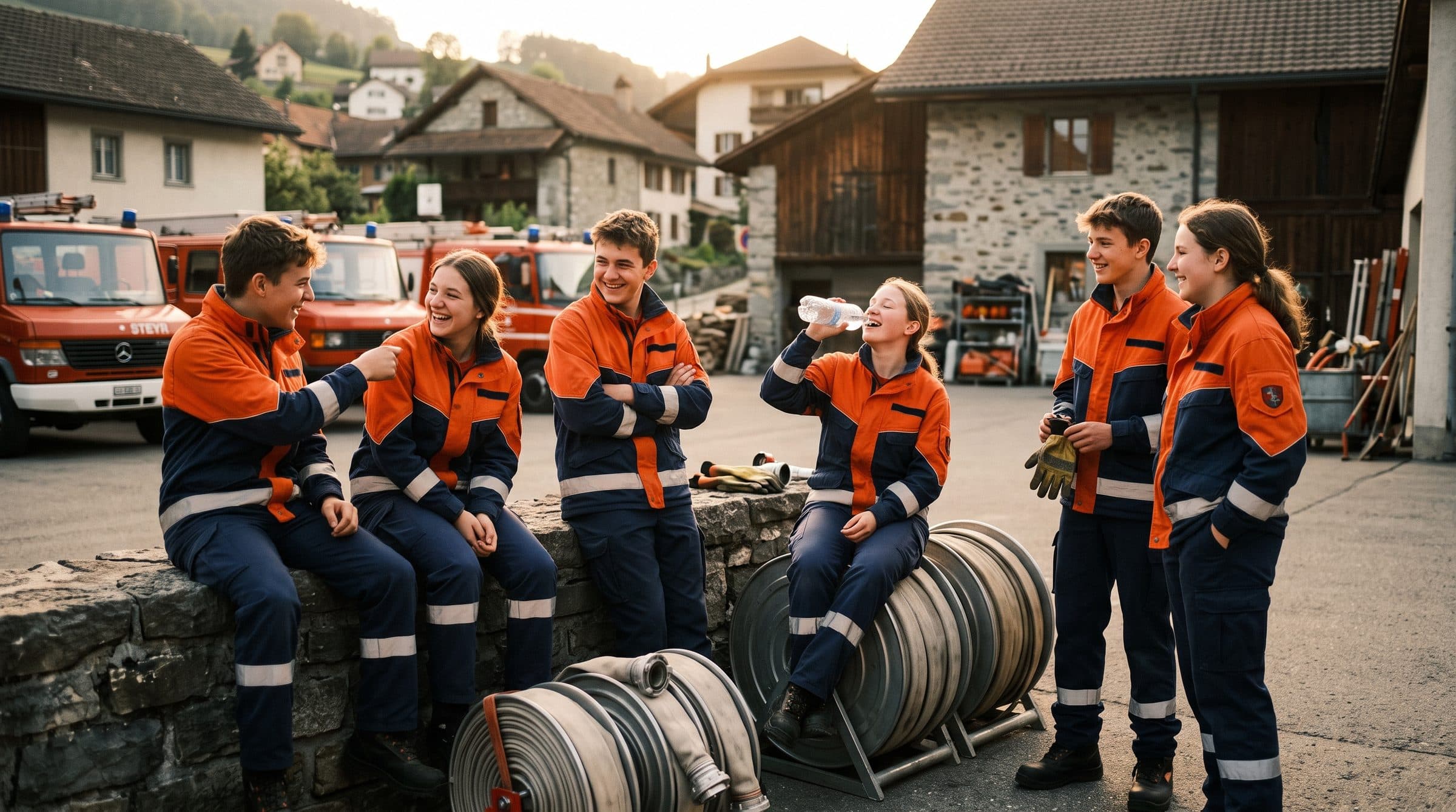 Gruppe von Jugendfeuerwehr-Cadets lacht gemeinsam nach der Übung